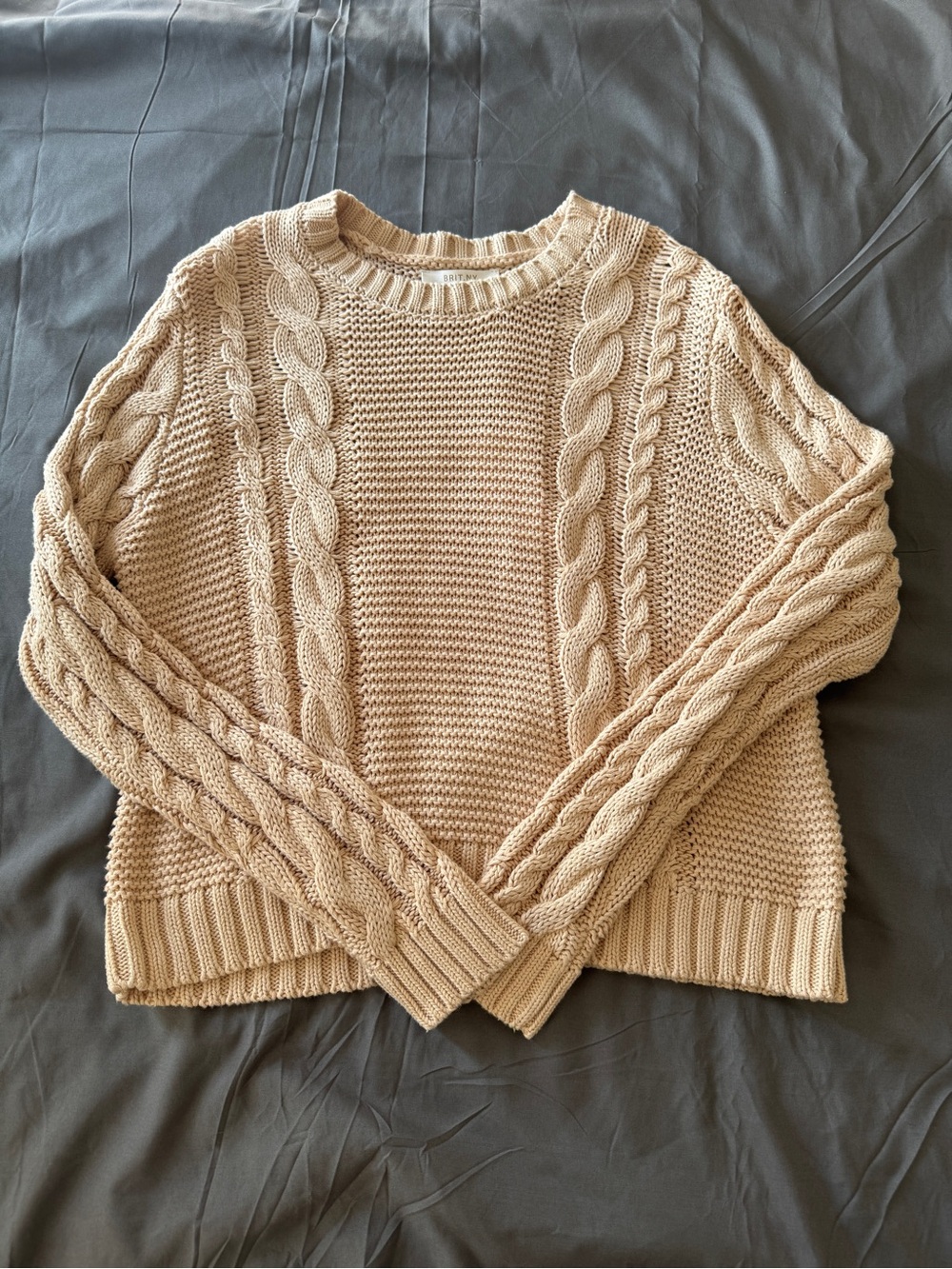 BRIT.NY Cream Cable Knit Women's Sweater 100% Cotton Size L NWT